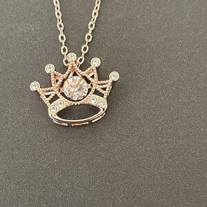Disney Parks Princess Crown Tiara 18" Necklace Rose Gold Tone W/Rhinestones